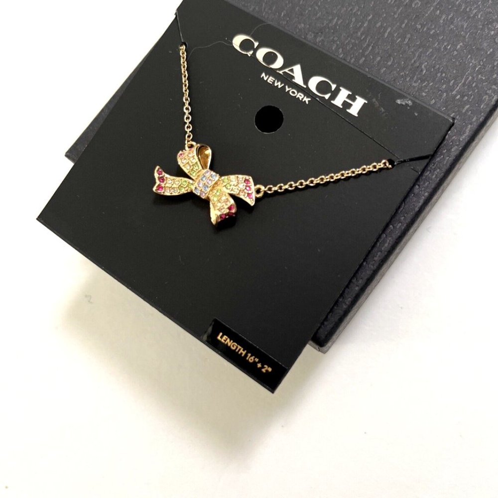 New & Original $118 COACH Pavé Bow Pendant Necklace Rhinestone 16" + 2" Length - Picture 4 of 8